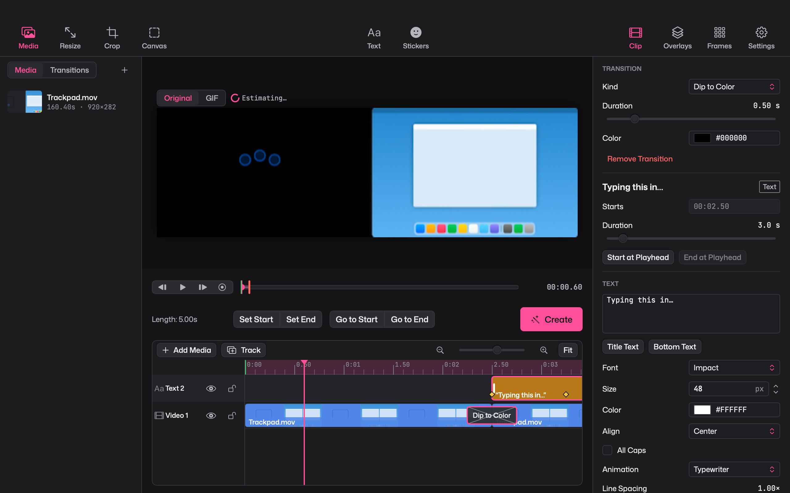 A dip-to-colour transition between two clips and a typewriter caption on the Giffiti timeline