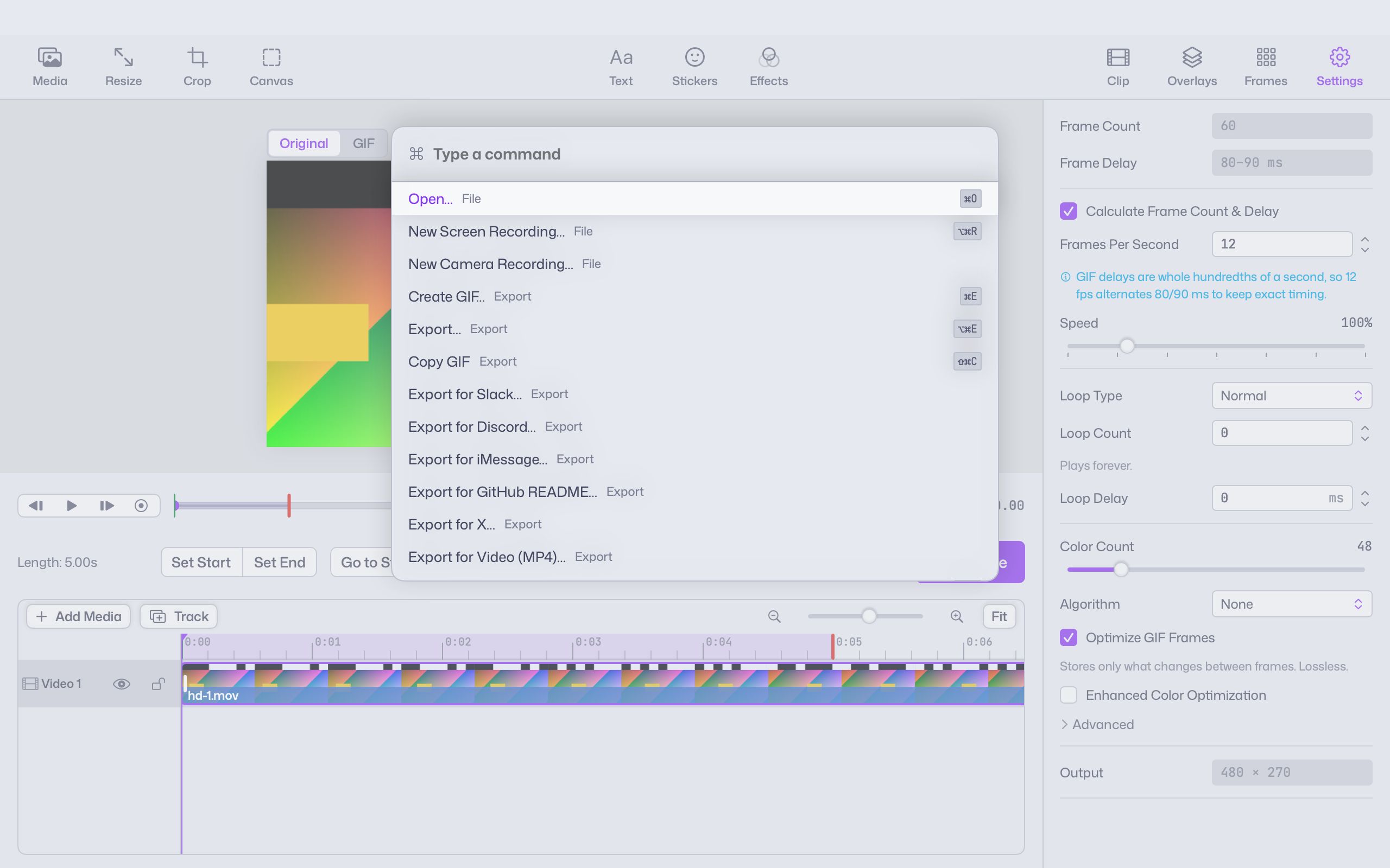 The Giffiti command palette listing Open, New Screen Recording, Create GIF and export presets