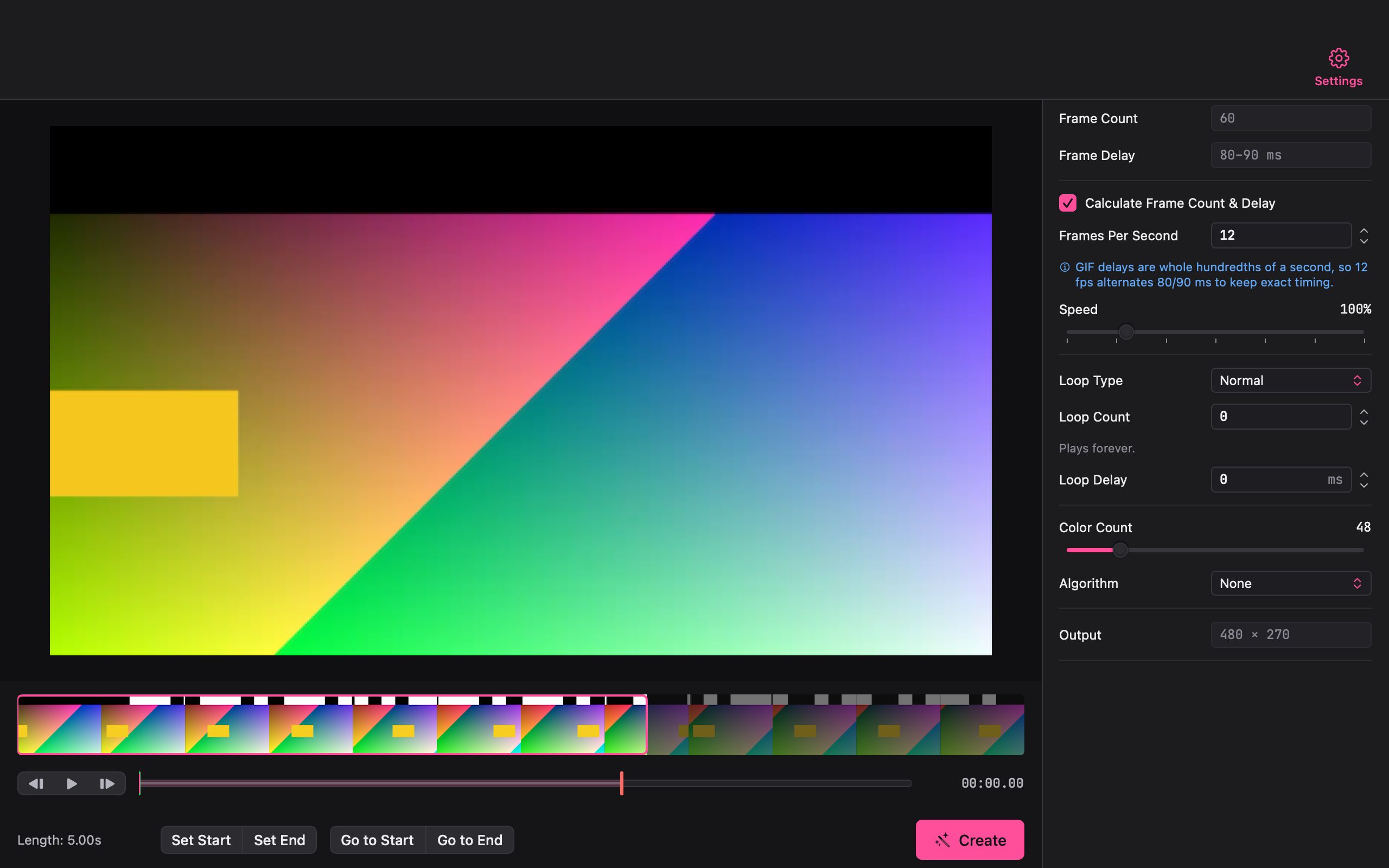 Giffiti in simple mode: a video preview, a filmstrip with the selected range and a Create button