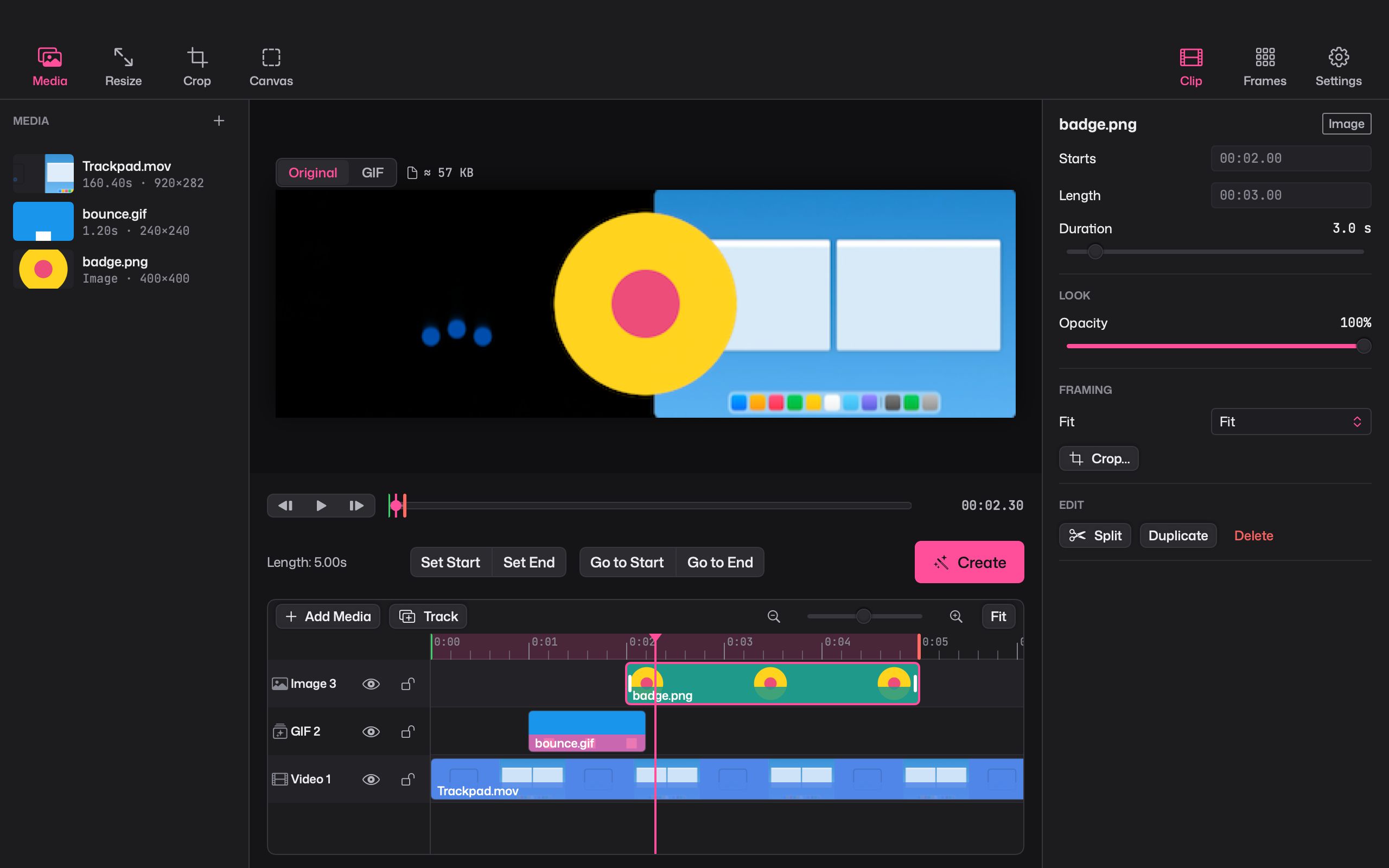 Giffiti with a video, a GIF and a picture layered on a timeline, and the preview above