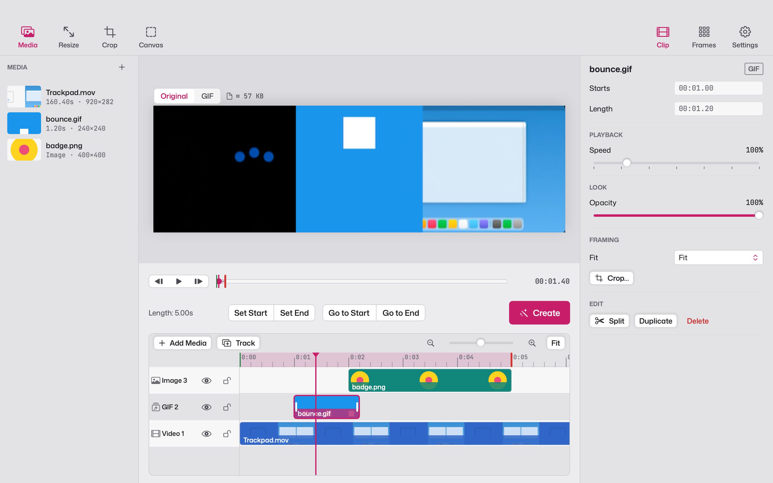 Giffiti with a video, a GIF and a picture layered on a timeline, and the preview above
